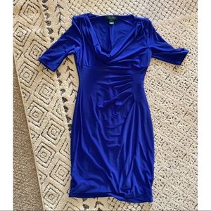 Cobalt blue Lauren Ralph Lauren dress with cowl neck top and ruching.